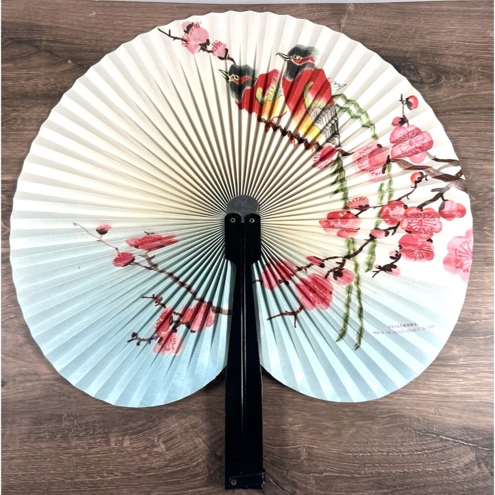 Vintage Folding Fan, Two birds, Made in the Peoples Republic of China No Tears